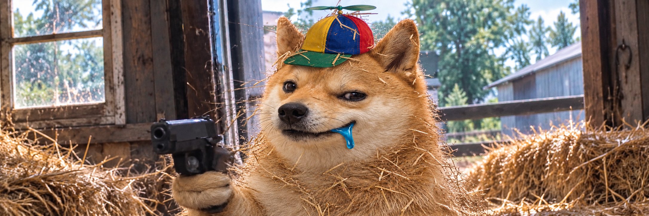 A shiba inu in a propeller cap, covered in hay and drooling, aiming a pistol inside a sunny barn