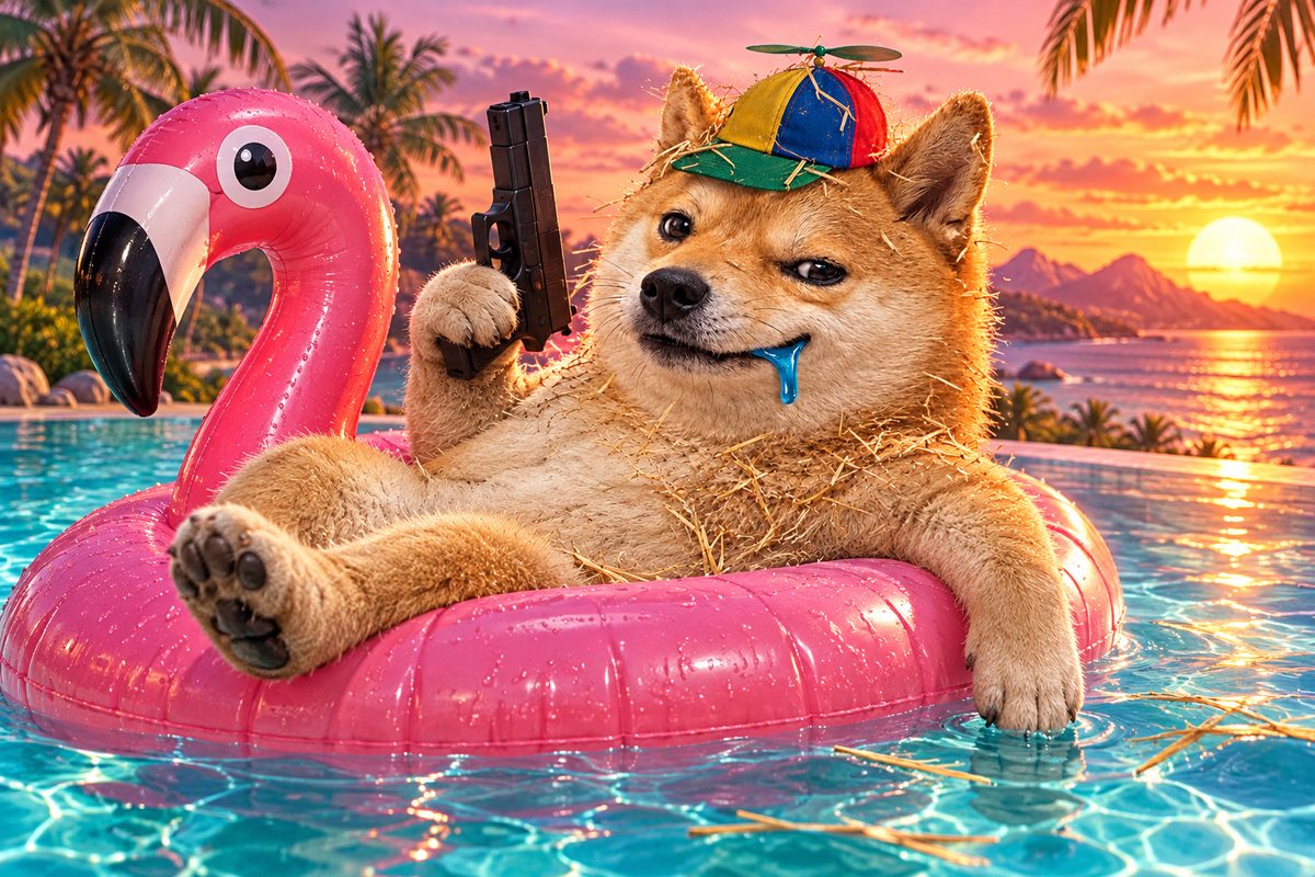 SI Wif Gun on a flamingo pool float