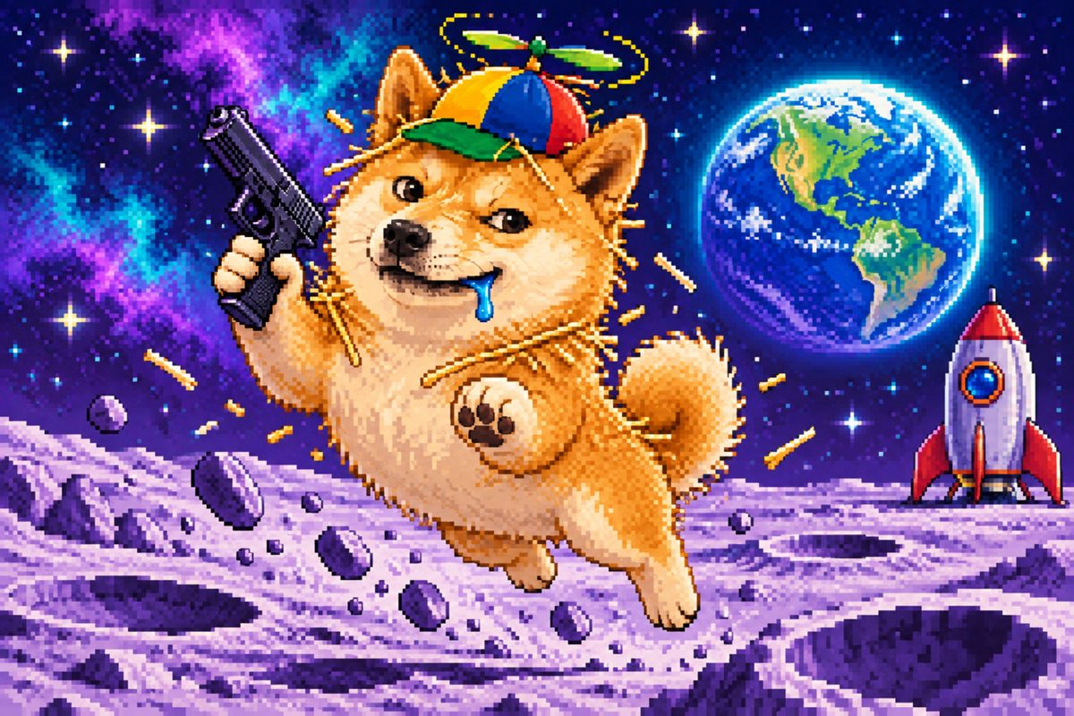 Pixel art SI Wif Gun on the moon next to a rocket