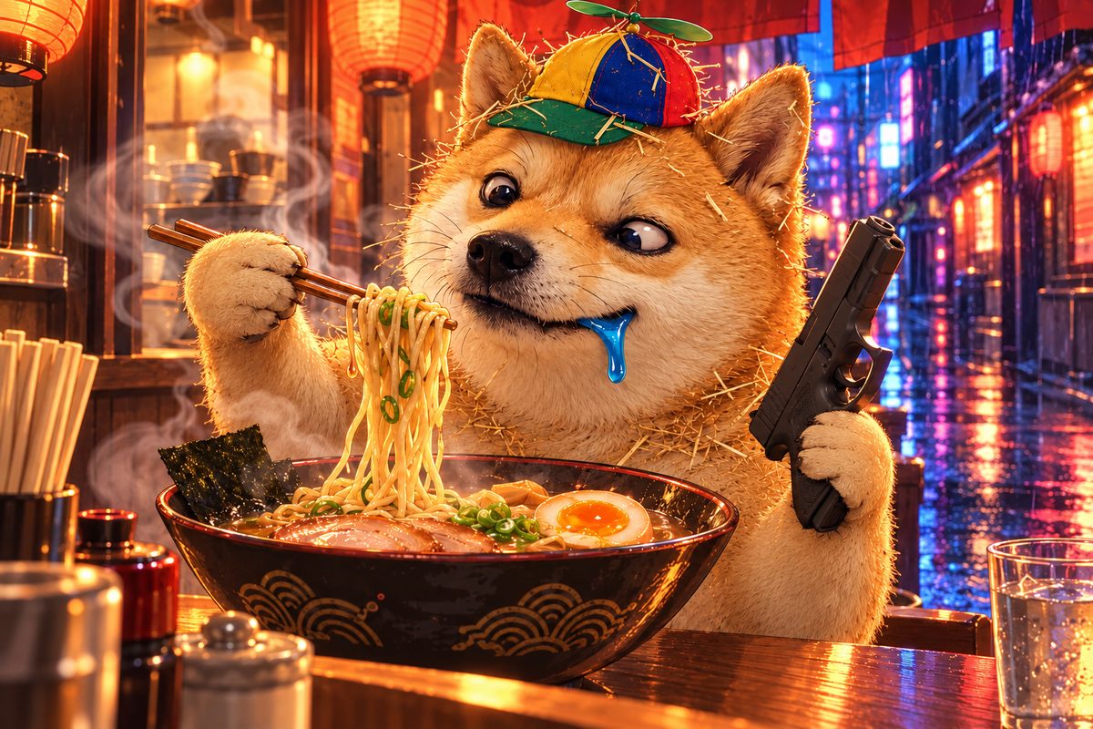 SI Wif Gun eating ramen in a rainy neon city